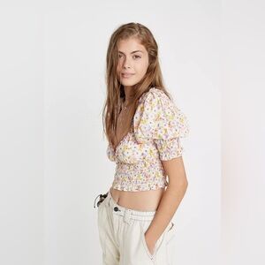 Urban Outfitters May Smocked Puff Sleeve Cropped Top